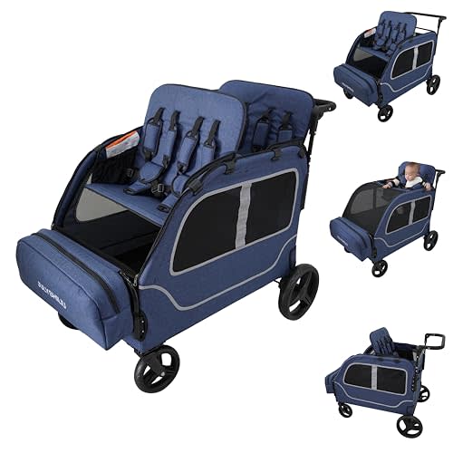 JULYSHILIU Wagon for Kids 4 Seater Wagon Stroller Travel All Terrain Foldable 2 3 5 Year Old Toddlers Child Twins Triple Quad Stroller with Bench Seat Storage (Deep Blue)
