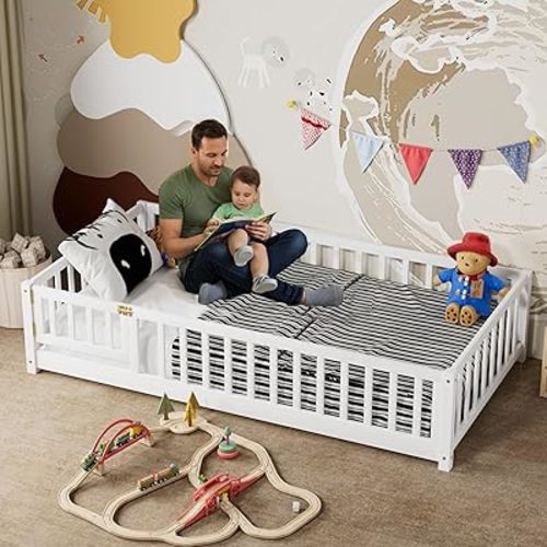 i-POOK Twin Floor Bed for Children, Sturdy Wood Montessori Bed Frame with Wood Slats, High Fence & Small Door, Montessori Floor Bed for Girls and Boys, White