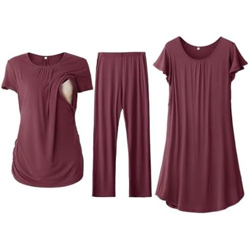 SUNNYBUY Women 3 PCS Maternity Nursing Nightgown Dress & Short Sleeve Breastfeeding Top & Pregnancy Pants Sleepwear Set