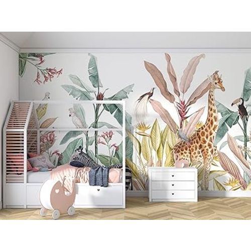 Tropical Banana Leaves and Safari Animals Wallpaper Mural for Kids Bedroom Background Wall (Not Peel and Stick)