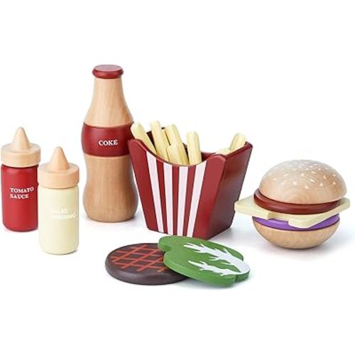 Wooden Play Food for Kids Pretend Hamburger Set Fast Food Toy Play Kitchen Accessories for Toddlers Toy Food Gift for Boys Girls Educational Toys