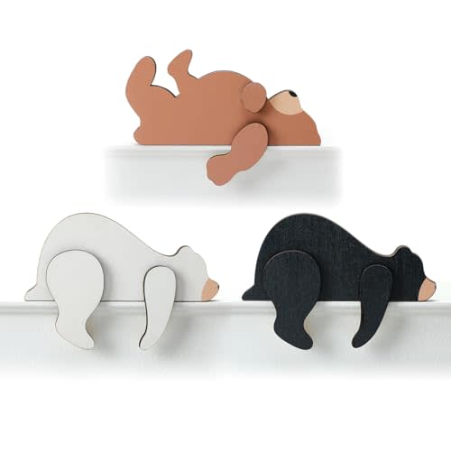 Threehoney 3 Pcs Forest Woodland Nursery Decor for Wooden Bear Door Topper Decor Wilderness Sleeping Wooden Bears 3 Color Sleeping Bear Nursery Shelf Decor for Door Nursery Shelf Table Desk