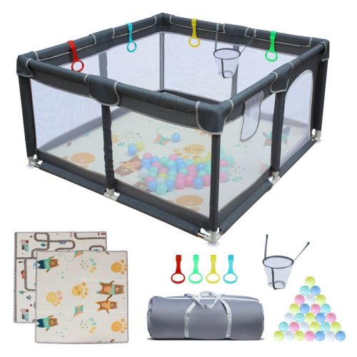 47" x 47" Baby Playpen with Mat & Basketball Hoop, Portable Indoor Outdoor Play Yard for Babies, Toddlers & Pets
