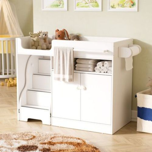 PAKASEPT 48" W Baby Changing Table with Stairs & Storage, Nursery Dresser Modern Diaper Changing Station, Dresser for Nursery with Adjustable Shelves