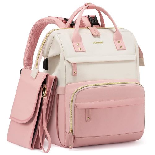 LOVEVOOK Diaper Bag Backpack, Baby Bag with Changing Station, Large Diaper Backpack for Moms Dads, Waterproof Leather Accents Baby Boy and Girl Bag for Travel Baby Essentials, Pink-Beige
