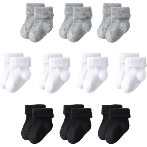 Newborn Socks 10 Pairs, Cotton Baby Turn Cuff Socks 0-3 Months