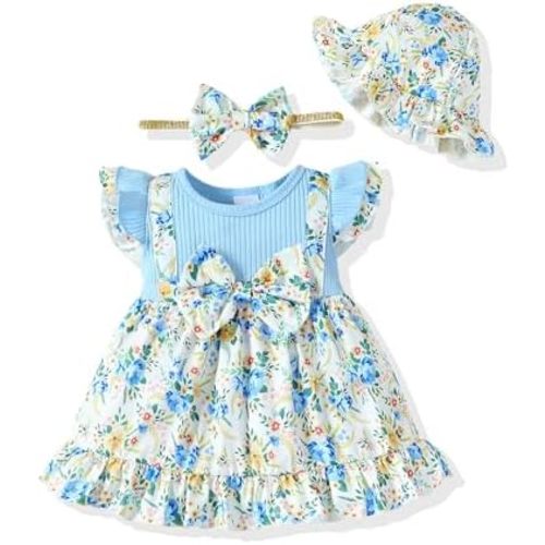 SUNNY PIGGY Baby Girl Clothes Newborn Infant Dress Outfit 0 3 6 9 12 18 24 Months Skirt Set Headband+Hat
