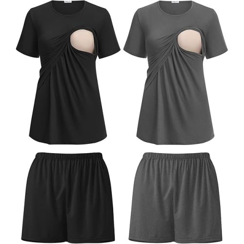 Ekouaer 2 Pack Women's Nursing Pajamas Set Double Layer Maternity Pjs Postpartum Loungewear Set Breastfeeding Tops & Shorts