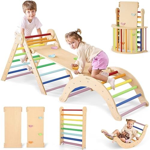 7 in 1 Wood Pikler Triangle Set, Foldable Toddler Climbing Toys Indoor, Montessori Climbing Set with Ramp, Arch & Climbing Triangle, Baby Climbing Gym, Indoor Playground for Kids - Rainbow