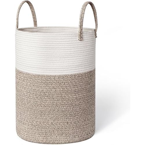 Large Woven Laundry Basket, 15”x18” Tall Blanket Basket Living Room, Cotton Rope Hamper for Bedroom Aesthetic, Baby Nursery, Wicker Hamper for Dirty Clothes, Kids Toy Laundry Storage Bin