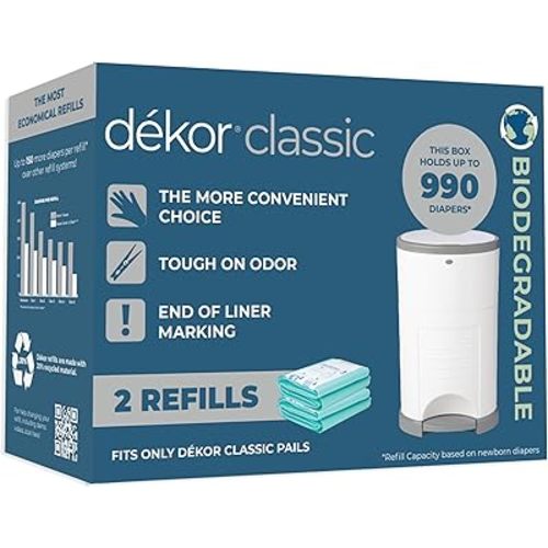Diaper Dekor Classic Diaper Pail Biodegradable Refills | 2 Count | Most Economical Refill System | Quick & Easy to Replace | No Preset Bag Size Use Only What You Need | Exclusive End-of-Liner Marking