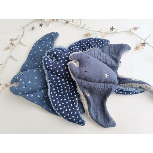 MANTA RAY Baby Comforters, STINGRAY Animal Lovey, Double Gauze Cotton Ocean Toy, Cuddle Soft Sea Animal, Blue Doudou Stingray, New Baby Gift