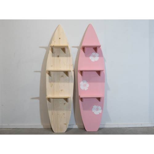 Decorative Surfboard Shelf with Hibiscus Accents in Baby Pink