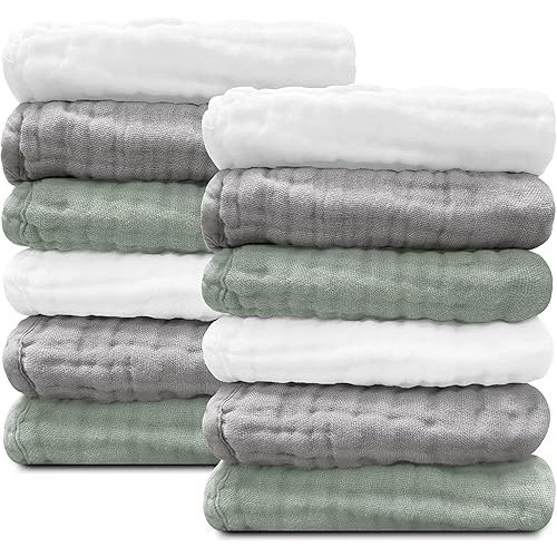 Sunny zzzZZ Baby Muslin Washcloths -100% Cotton Muslin Soft Baby Bath Wash Cloths and Absorbent Burp Cloths for Newborns Kids Girls and Boys -12 Pack, 12x12 Inches - White+Green+Grey