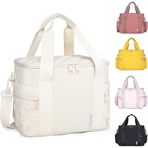 NOL Natural Organic Lifestyle Women's Nylon Lunch Cooler Cute Quilted Lunch Bag Large Leakproof Insulated Lunch Tote Bag for Work Picnic Travel,Cream