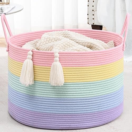 Rainbow Storage Basket for Organizing, 20"×13" Large Laundry Baskets, Cotton Rope Woven Blanket Basket, Toy Storage for Kids, Collapsible Blankets Storage for Living Room, Nursery Room