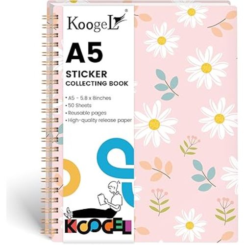 Koogel Sticker Collecting Book, Reusable Sticker Collecting Album Blank Sticker Storage Book 50 Sheets Release Paper for Sticker Keeper Holder A5 (Flower)