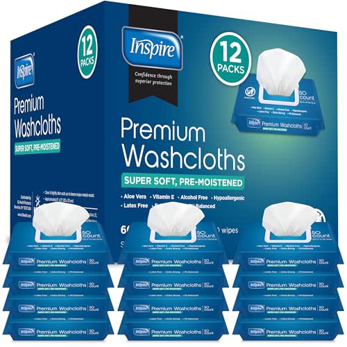 Inspire Adult Wet Wipes, Wash Cloths | Adult Wipes for Incontinence & Cleansing for Elderly, 8"x12" Count 12 packs of 50