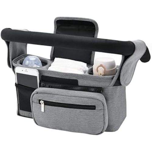 Universal Stroller Organizer With Insulated Cup Holder, Detachable Phone Bag & Shoulder Strap - Fits Uppababy, Baby Jogger, Britax, BOB, Umbrella and Pet Strollers (Grey)