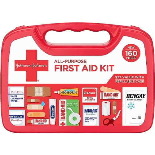 Johnson & Johnson All-Purpose Portable Compact First Aid Kit for Minor Cuts, Scrapes, Sprains & Burns, Ideal for Home, Car, Travel, Camping and Outdoor Emergencies, 160 pieces