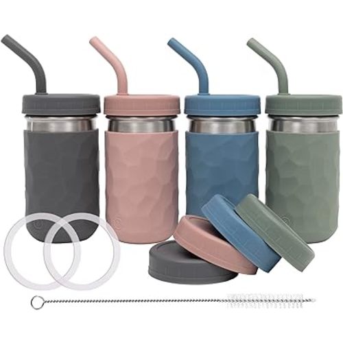 WeeSprout 2-in-1 Drinking Cups for Kids, Durable Stainless Steel Tumbler for Smoothies, Silicone Straws with Stoppers, Premium Plastic Twist Lids, Easy-Grip Sleeves, Set of 4 Dishwasher Safe Kid Cups