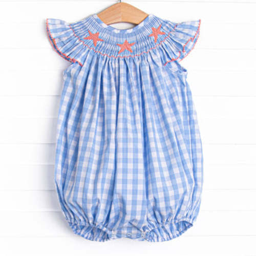 Seaside Stars Smocked Bubble, Blue Check – Stitchy Fish