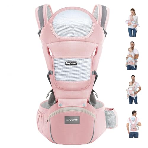 KIYUMI Baby Carrier with Hip Seat, Ergonomic M Position, Newborn to Toddler, Head Support and Breathable Mesh,Adjustable Removable 6- in-1 Baby Baby Sling Carrier (7-45 lbs) for Mom Dad, Pink