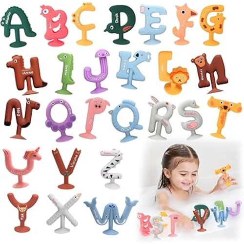 26PCS Alphabet Bath Letters for Kids Ages 1-3, Silicone Suction Cup Bath Toys for Baby andToddlers 3 Months and up, Educational Spelling and Matching Game for Bathtub and Travel Use (26)