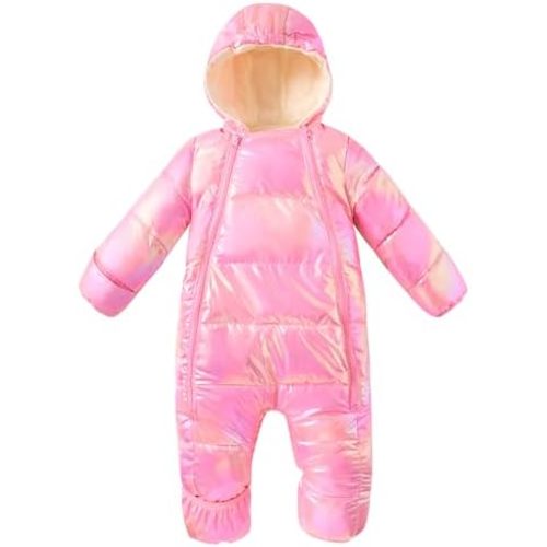 uideazone Baby Girls Boys Snowsuit Toddler Warm Hooded Snow Suit Infant Double Zipper Romper One Piece Puffer Coat 3-24M