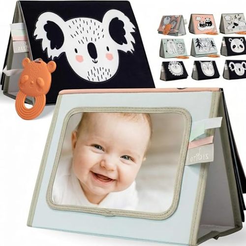 Soft Tummy Time Book w/ Large Stimulating Baby Safe Mirror - Fun High Contrast Montessori Toy w/ Mirror, Crinkle Filling & Silicone Teether - The Perfect Toy For Safe Early Newborn/Infant Development