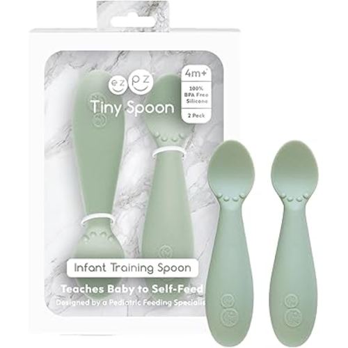 ezpz Tiny Spoon (2 Pack in Sage) - 100% Silicone Baby Spoons - 6+ Months