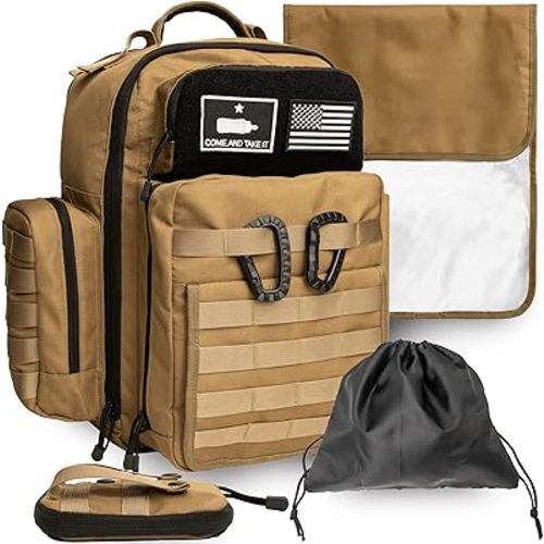 Tan Dad Diaper Bag - Molle-Style Military Diaper Backpack Made of Rugged 900D Waterproof Polyester with Wider Extra-Long Straps, Pouch for Dirty Diapers, Baby Wipes Dispenser & Insulated Pockets
