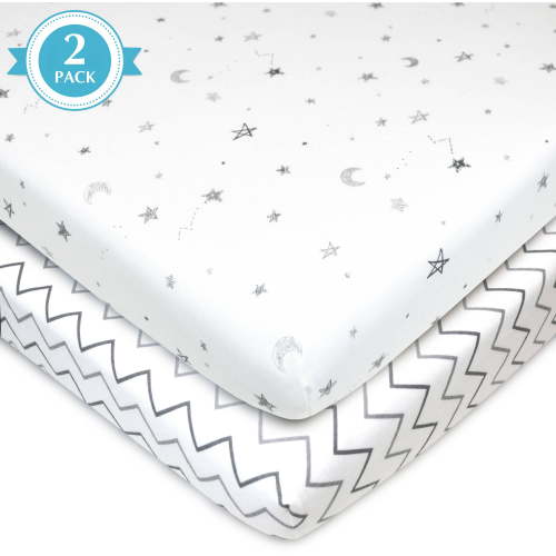 American Baby Co. Cotton Jersey Knit Fitted Mini Crib Sheet, White Stars/Zigzag 2pk
