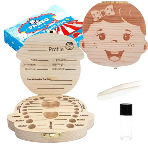 PAMBO Baby Tooth Box Keepsake for Girls,Wooden Tooth Storage And Saver Box for Lost Teeth Children,Newborn Baby Birthday And Shower Gift