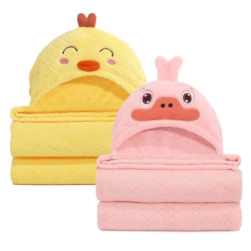 Baby Bath Towels with Hood,2 Pack Animal Hooded Towel for Toddlers Kids, Premium Coral Fleece Ultra Absorbent for Cozy and Warm-Bath Essential(32 x 50 Inch, L x W),Yellow Chick & Pink Duck