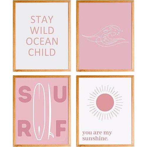 BearCake Ocean Nursery Wall Art Set of 4 UNFRAMED - Coastal Summer Beach Ocean Wall Decor for Toddler Kids Boys Girls Room Playroom, You are My Sunshine Wall Decor, 8x10 Inches pink