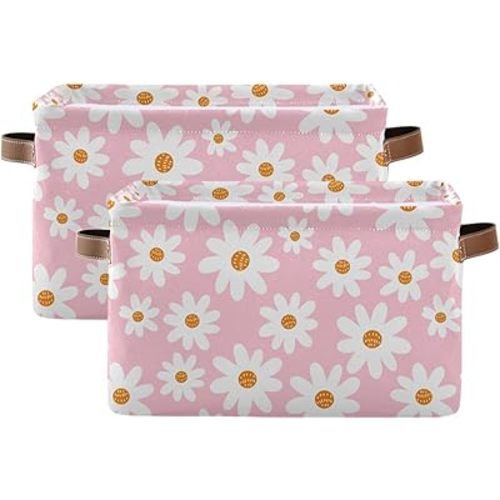 Daisy Flower Pink Storage Basket Fabric Organizer Bin with Handle Foldable Canvas Cloth Storage Organizer Drawer for Shelf Closet Bedroom Home Office(2 pack)