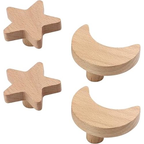 4Pcs Star & Moon Shaped Knobs Creative Room Decorative Knobs with Mounting Screws