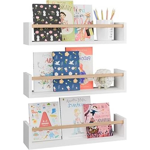 Fixwal Nursery Bookshelves, 16.5 Inch Floating Shelves for Wall Set of 3, Kids Bookshelf for Bedroom, Baby Nursery Decor (White and Natural)