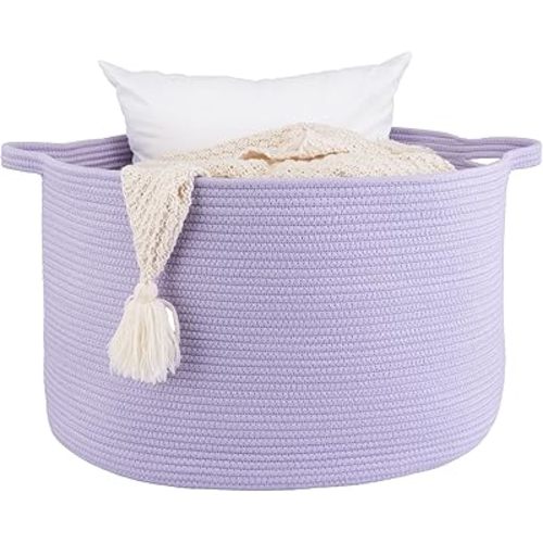 Large Cotton Rope Basket Blankets Basket Living Room 22"x14" Toy Basket for Kids Rope Storage Basket for Nursery Woven Laundry Basket for Clothes Baby Toy Storage round purple or Lavendor