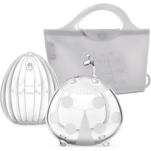haakaa Milk Collector Set - 75ml Shell Pump, 75ml Milk Collector & 750ml Steriliser Bag - Hands-Free Wearable Breast Pump, Passive Silicone Milk Catcher for Breastfeeding Mom