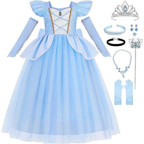 Cinderella Costume for Girls Kids Blue Princess Dress with Accessories Halloween Birthday Party Outfits