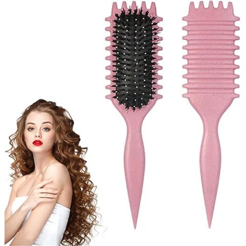 Curl Defining Brush, 2025 Boar Bristle Curl Define Styling Brush for Curly Hair, Curl Hair Brush, Reduce Pulling (Pink)