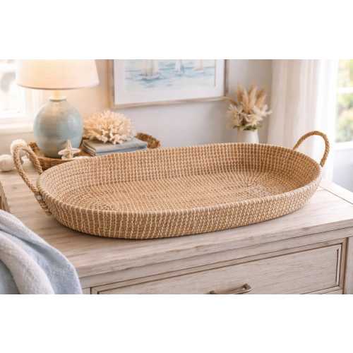 Handcrafted Woven Baby Changing Basket • Natural Nursery Tray with Pad