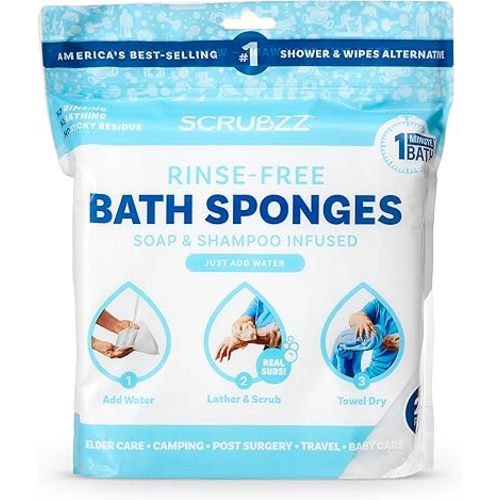 Scrubzz Disposable Rinse Free Bathing Wipes - 25 Pack - All-in-1 Single Use Shower Wipes, Simply Dampen, Lather, and Dry Without Shampoo or Rinsing