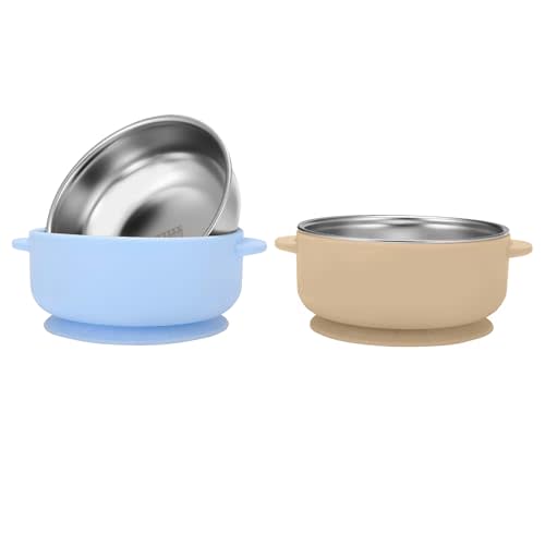 2 Pack Stainless Steel Baby Bowls with Removable Non-Slip Silicone Suction Shell, Anti Scald Food Container for Baby Food Feeding-Skyblue & Cream