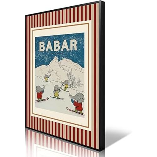 Babar The Elephant Canvas Wall Art, Nursery Animals Poster for Kids Room, Elephant Ski In The Snow Winter Art Print, Cute Quotes Neutral Blue White Baby Bedroom Picture 12x16in Framed