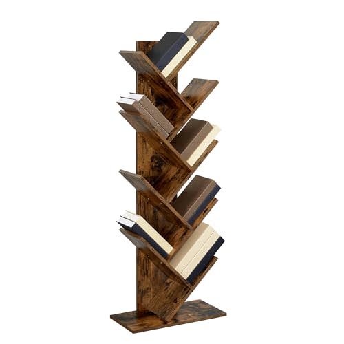VASAGLE Tree Bookshelf, 9-Tier Bookcase, Large Bookshelf, Space-Saving Corner Shelf, Book Tree, Holds Books, CDs, Games, for Bedroom, Living Room, Home Office, Rustic Brown ULBC11BX