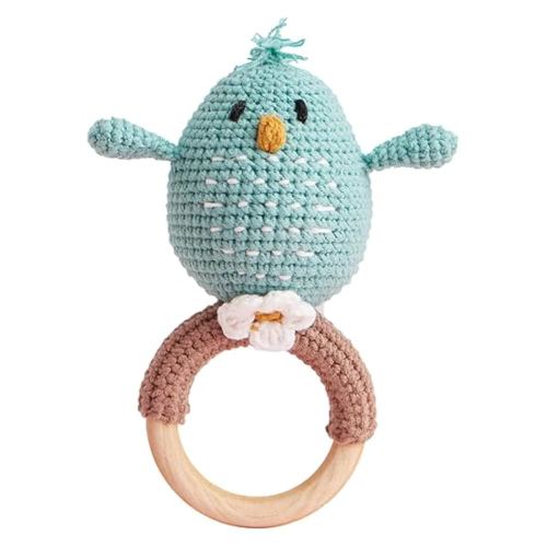 Chippi & Co Wooden Crochet Baby Rattle, Crochet Toys Stuffed Animals Easter Gifts for Kids, Wooden Newborn Toys, Easter Basket Stuffers, Basket Filler, Baby Shower Decor (Bobo The Blue Bird)