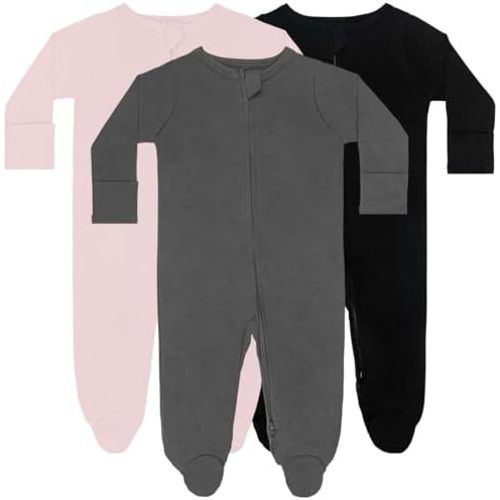 GUISBY Long Sleeve Baby Footed Pajamas with Mittens Cotton Sleepers with Zipper 3-Pack